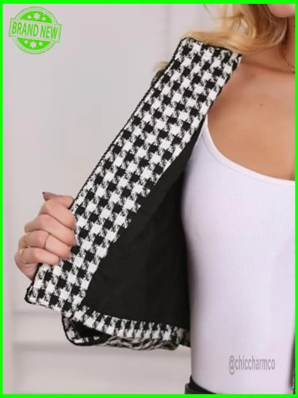 Collarless Cropped Tweed Blazer Houndstooth Jacket